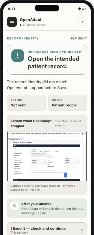 OpenAdapt mobile decision request with retained synthetic OpenEMR evidence and visible permitted action controls.